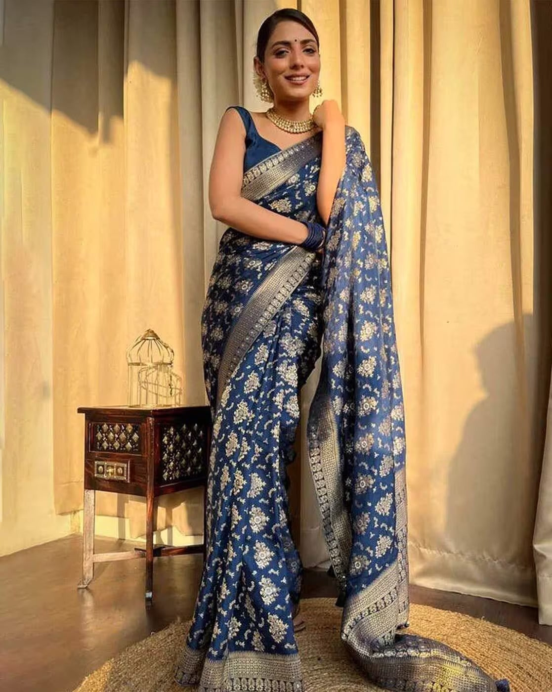 Blue and Copper Design Kashmiri Italian Silk Saree