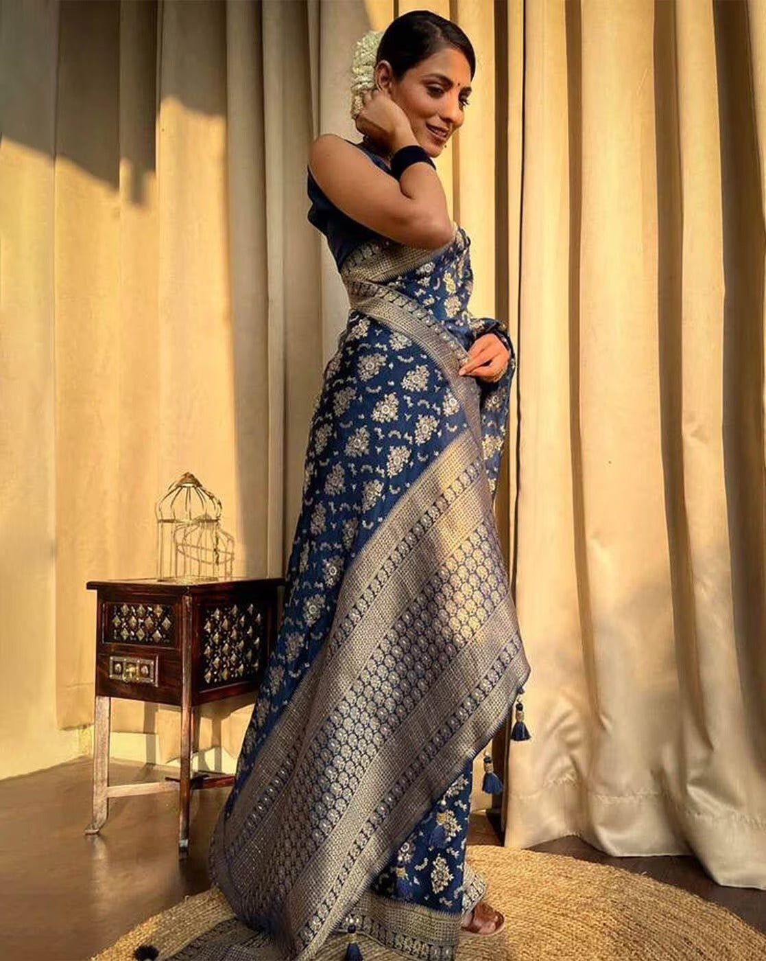 Blue and Copper Design Kashmiri Italian Silk Saree