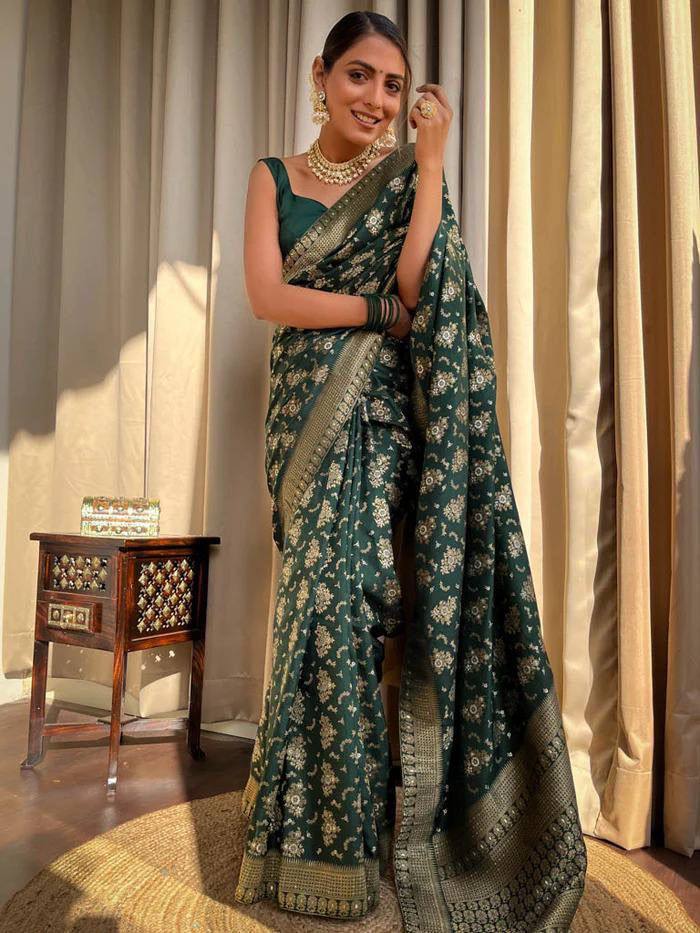 Green and Copper Design Kashmiri Italian Silk Saree