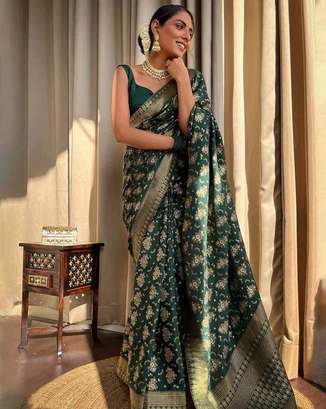 Green and Copper Design Kashmiri Italian Silk Saree