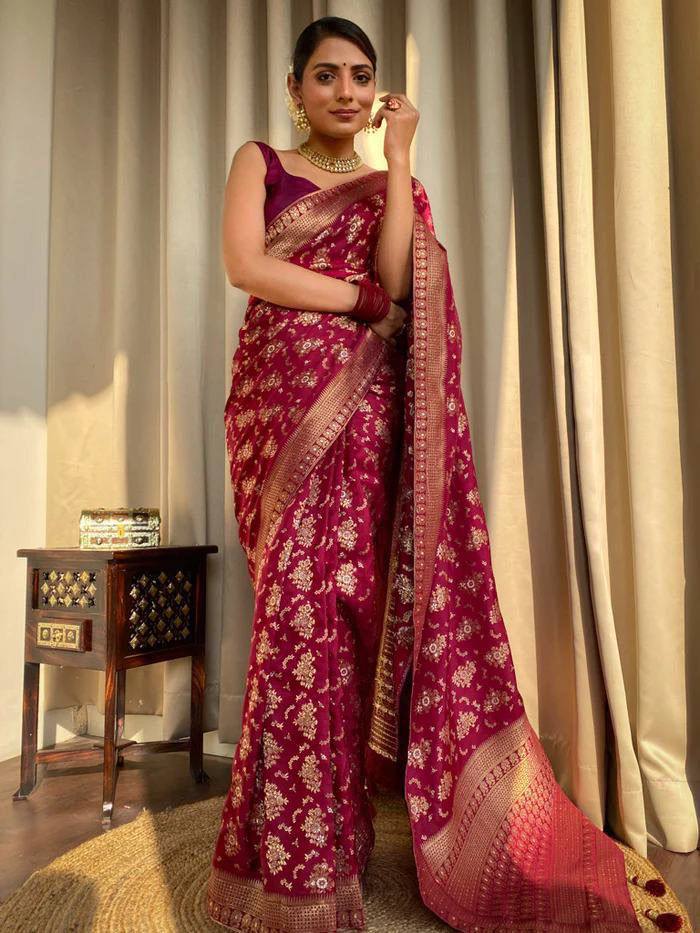 Maroon and Copper Design Kashmiri Italian Silk Saree