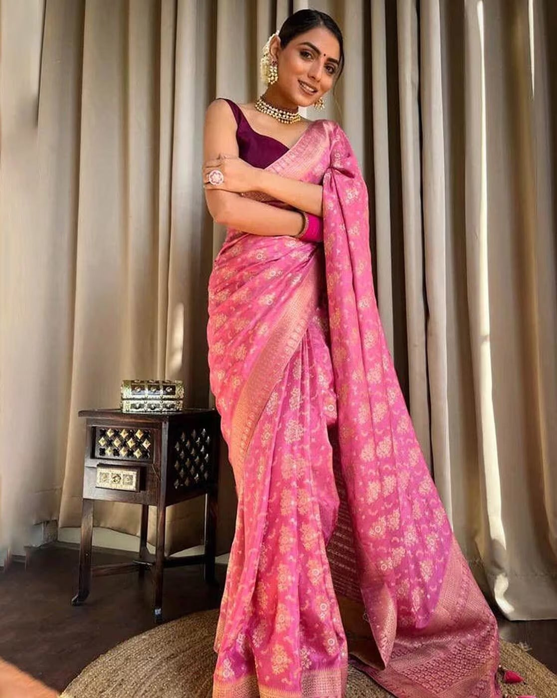 Pink and Copper Design Kashmiri Italian Silk Saree