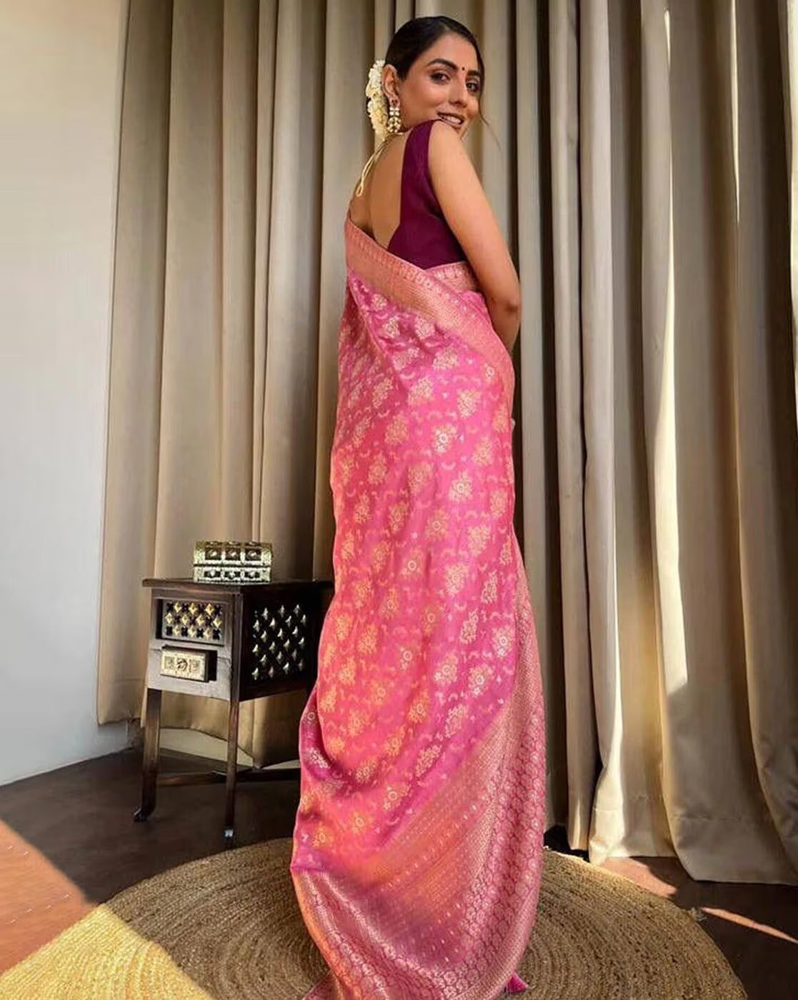 Pink and Copper Design Kashmiri Italian Silk Saree