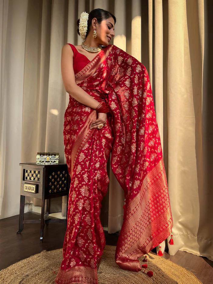 Red and Copper Design Kashmiri Italian Silk Saree