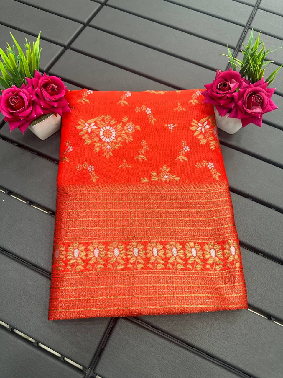 Red and Copper Design Kashmiri Italian Silk Saree