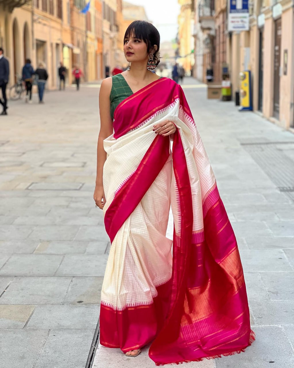 White and Pink Boarder Design Kokila Italian Silk Saree