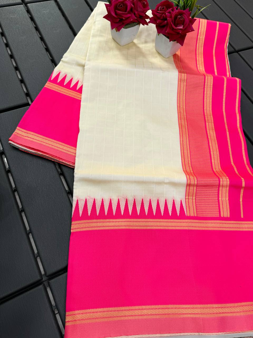 White and Pink Boarder Design Kokila Italian Silk Saree