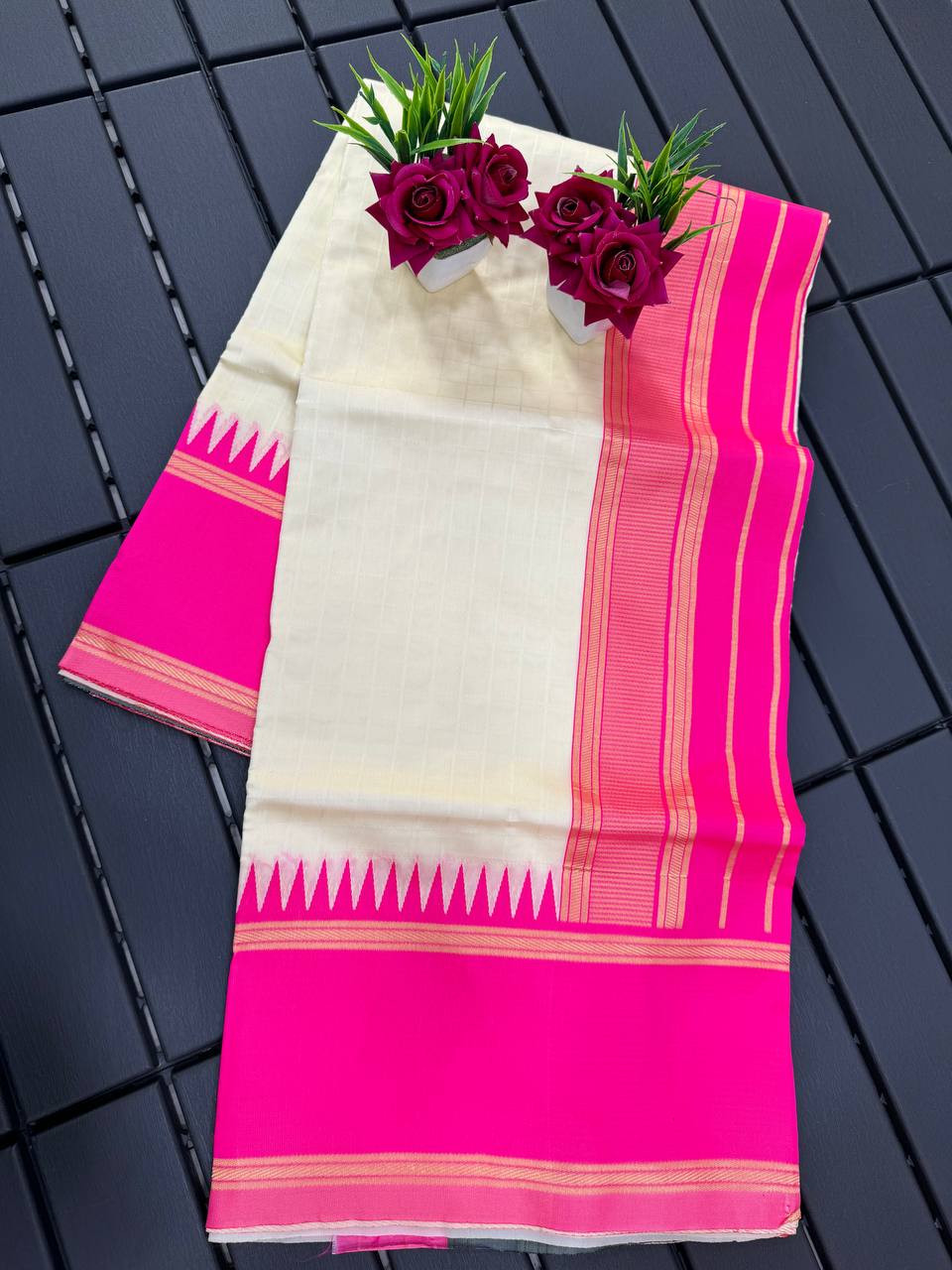 White and Pink Boarder Design Kokila Italian Silk Saree