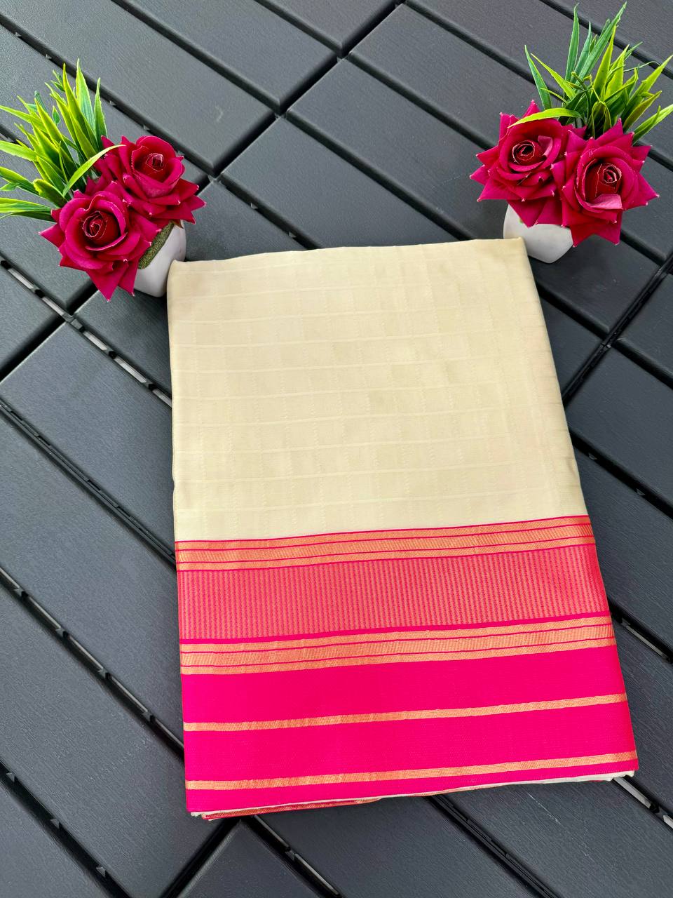 White and Pink Boarder Design Kokila Italian Silk Saree