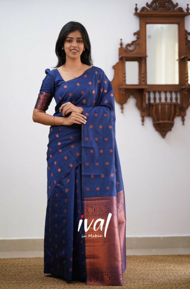 Royal Blue Copper Design Boarder Latta  Pure Silk Saree