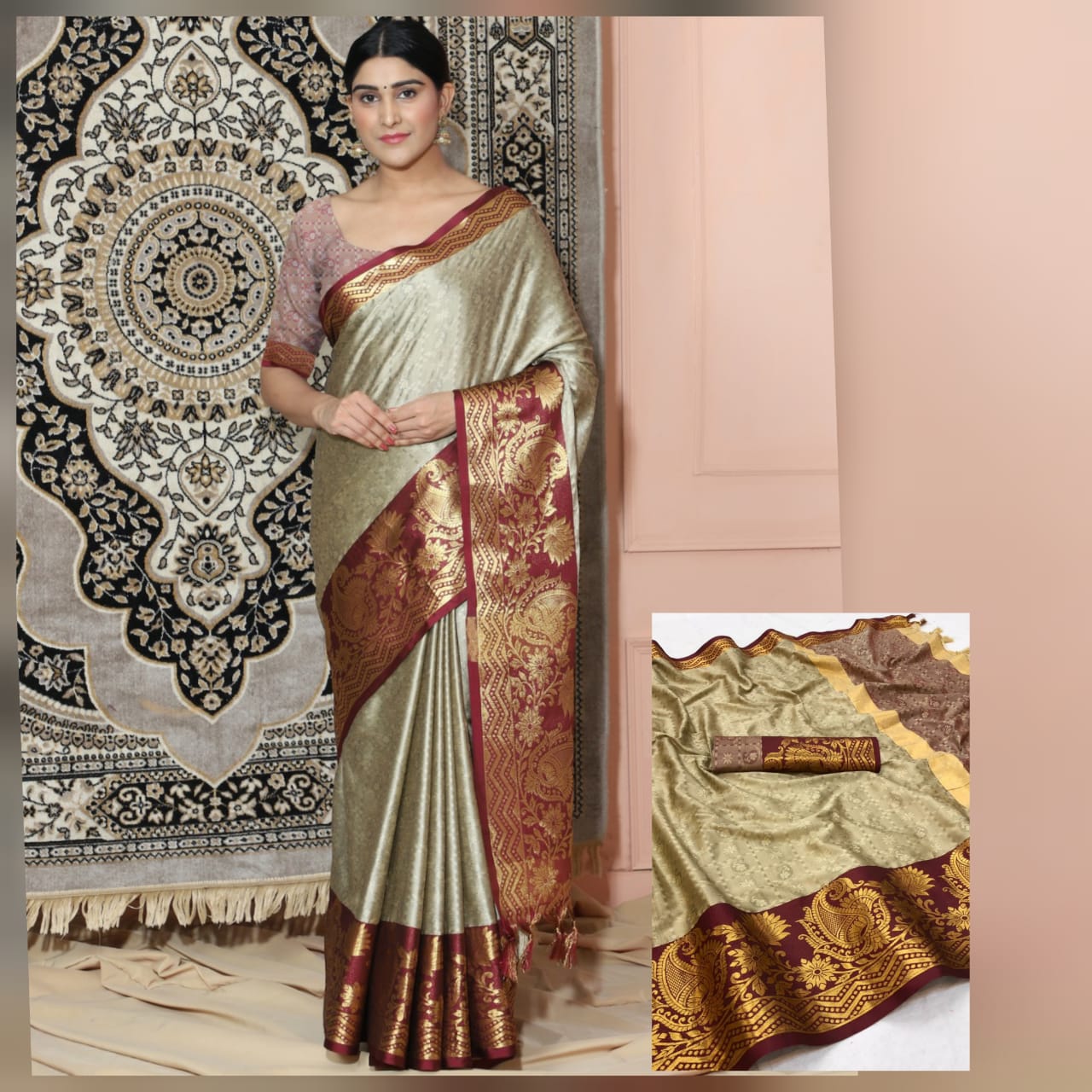 Beige Brown Copper Design Cotton Silk Saree