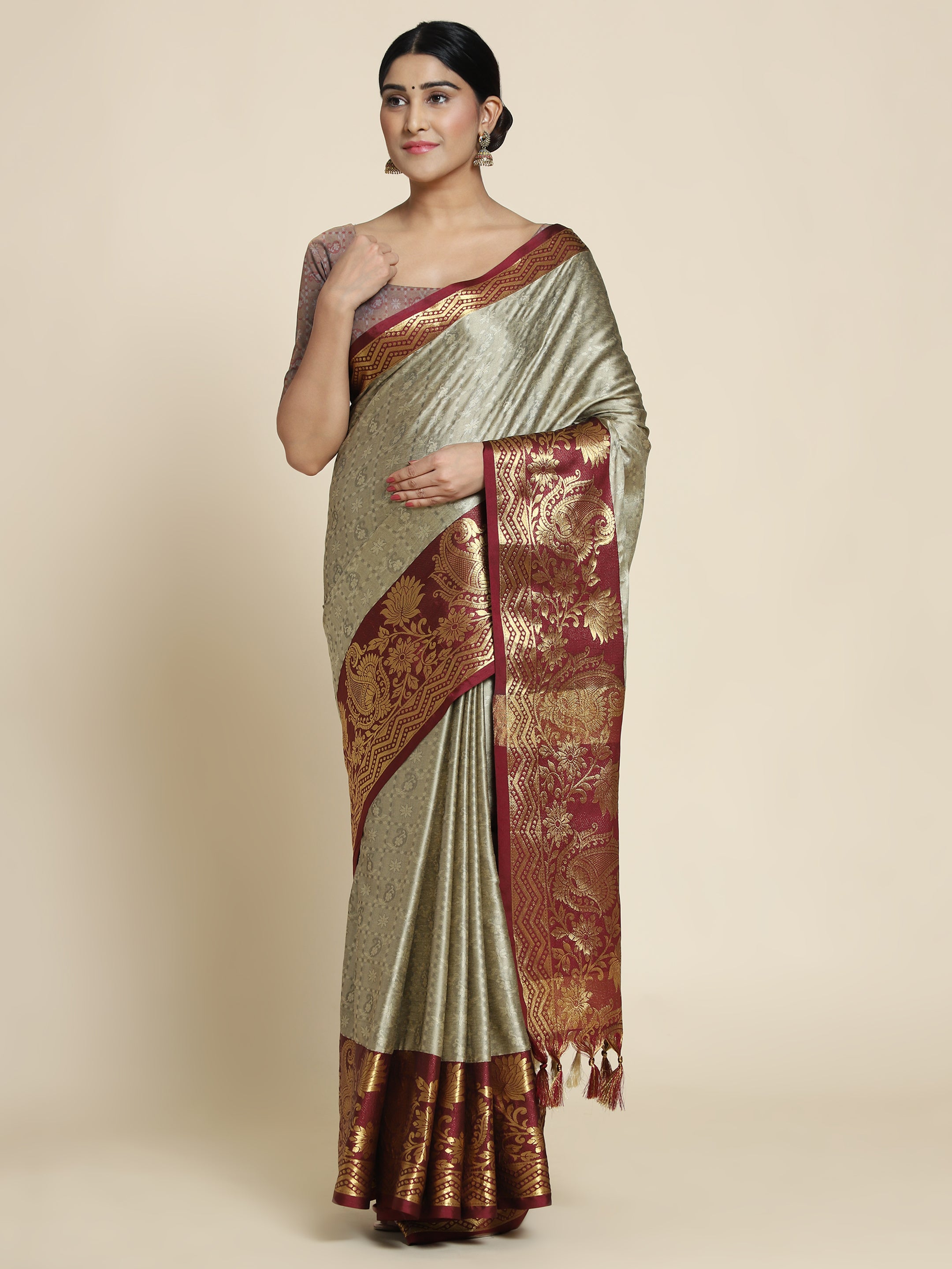 Beige Brown Copper Design Cotton Silk Saree