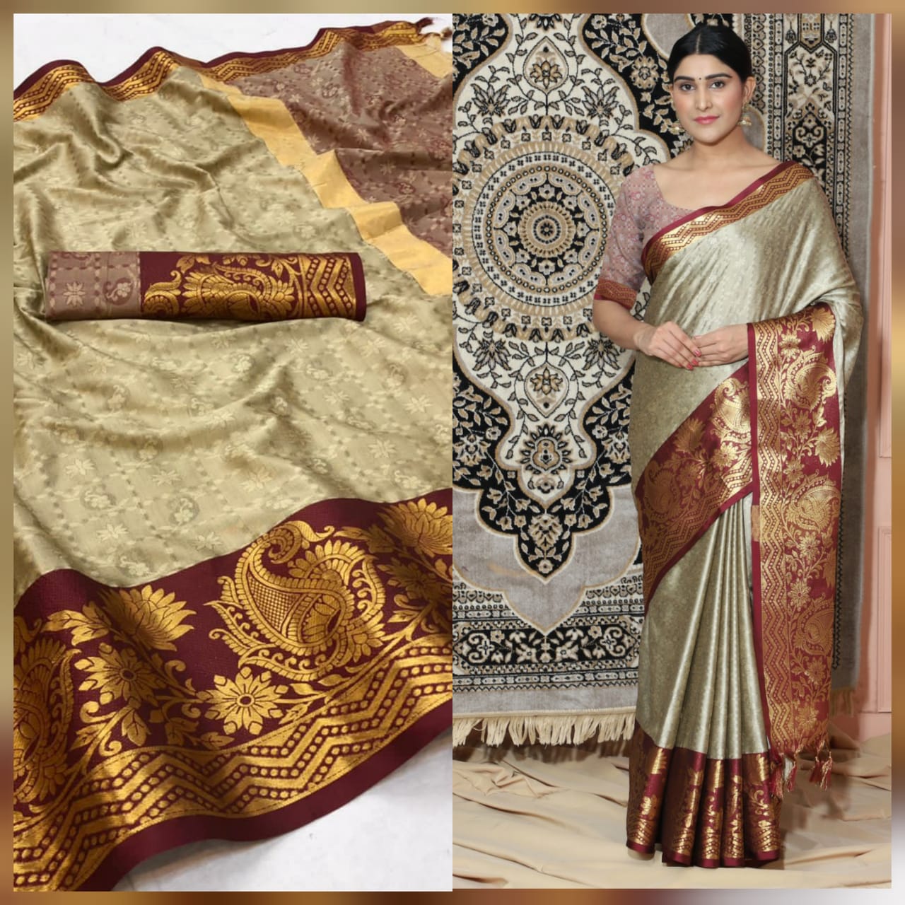 Beige Brown Copper Design Cotton Silk Saree