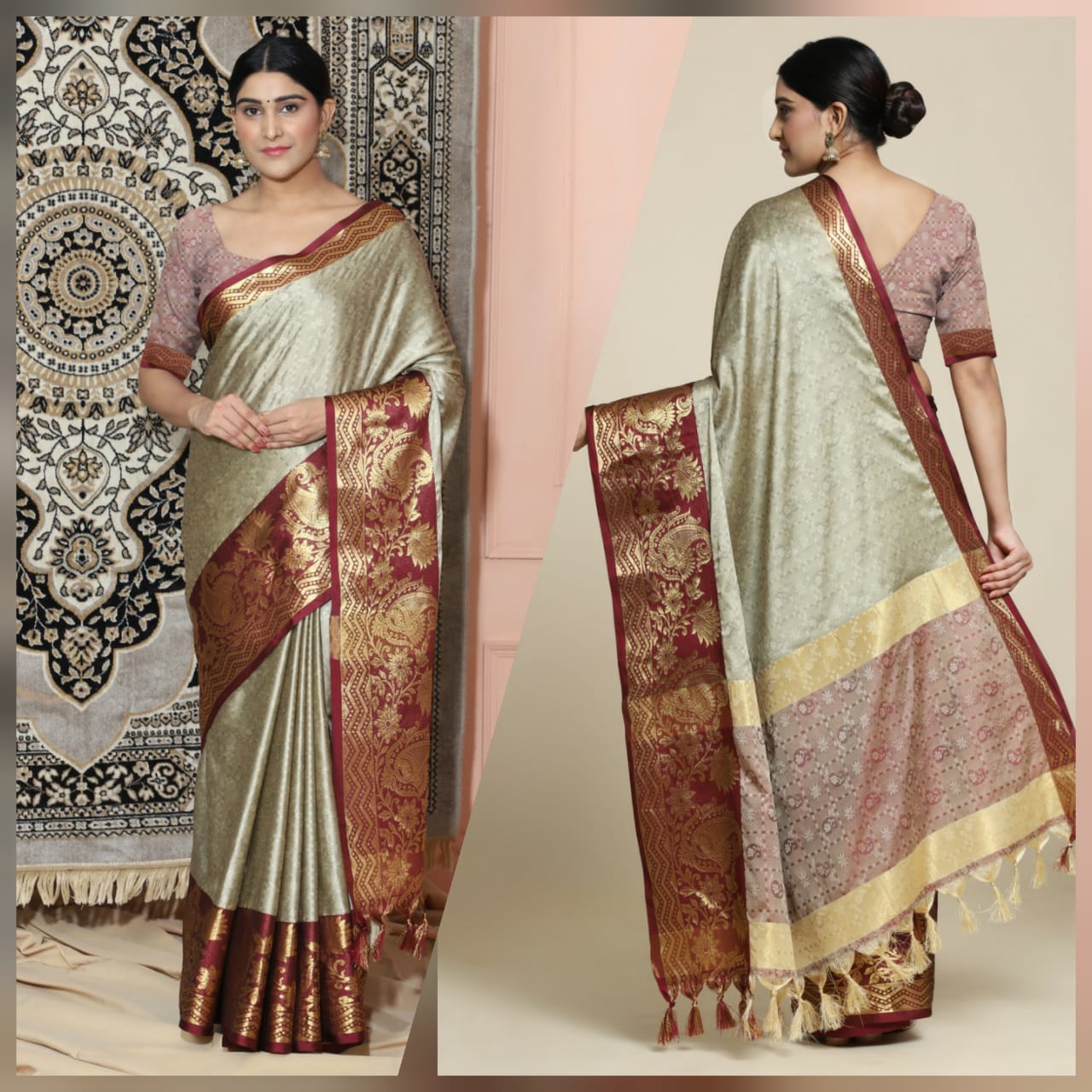 Beige Brown Copper Design Cotton Silk Saree