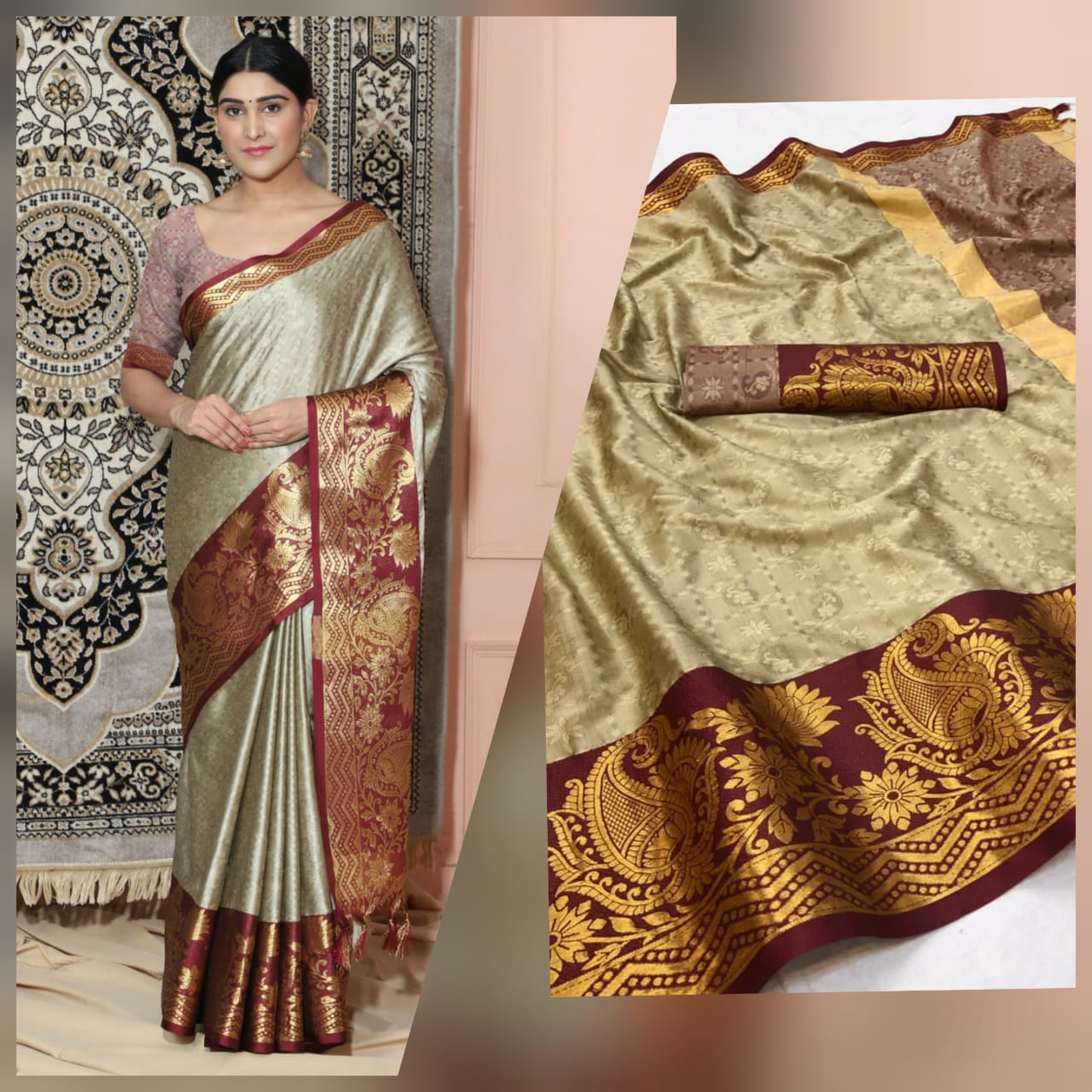 Beige Brown Copper Design Cotton Silk Saree