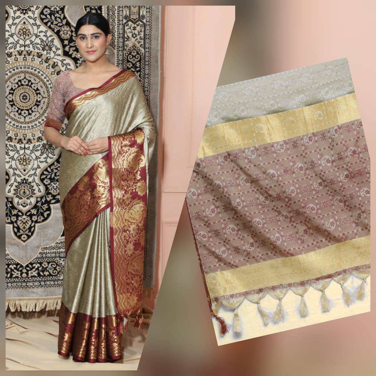 Beige Brown Copper Design Cotton Silk Saree