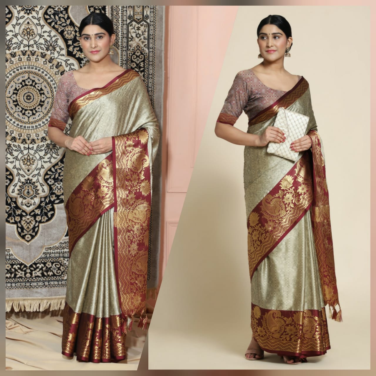 Beige Brown Copper Design Cotton Silk Saree