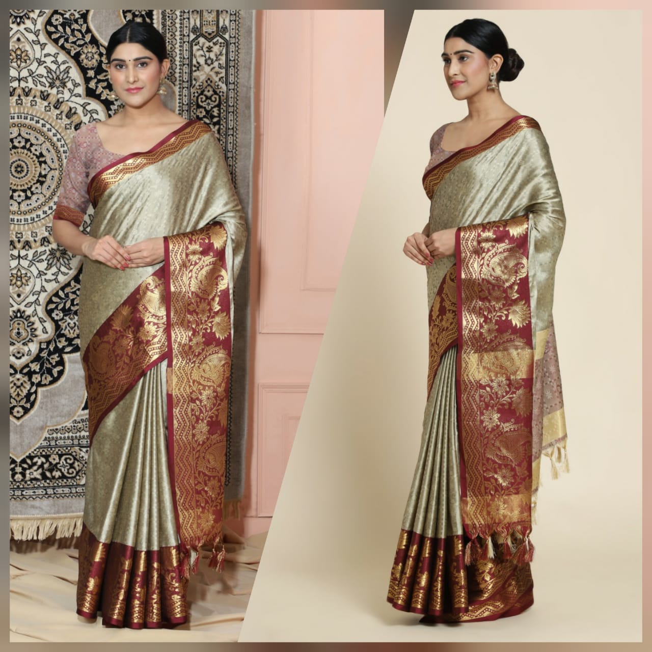 Beige Brown Copper Design Cotton Silk Saree