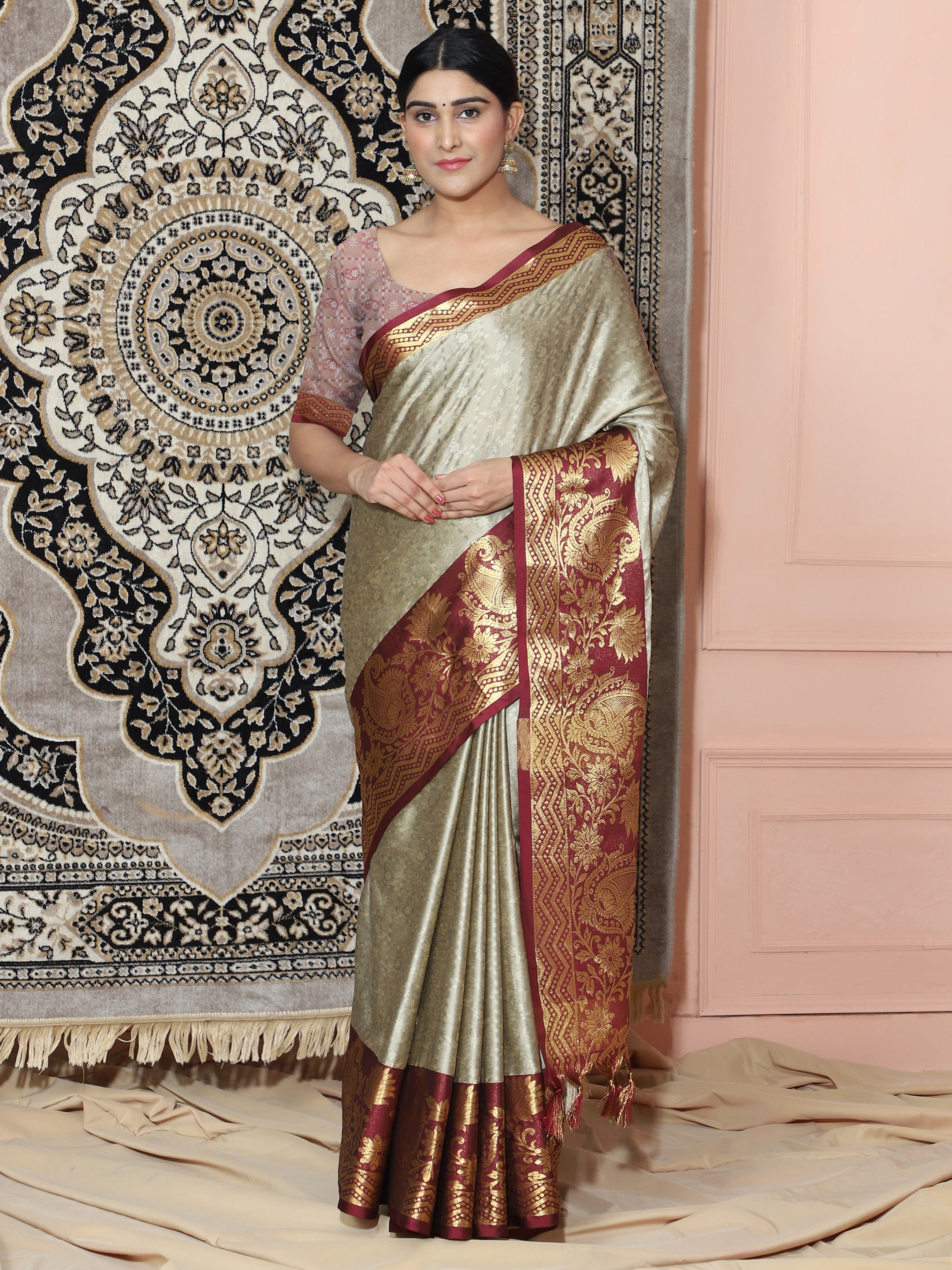 Beige Brown Copper Design Cotton Silk Saree