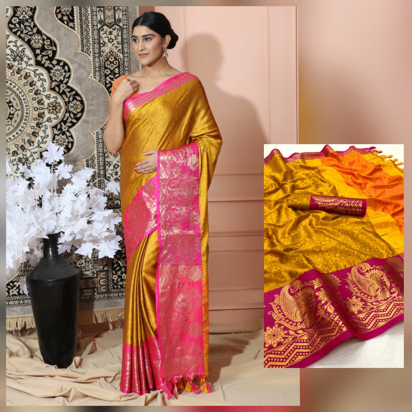 Dark Yellow Pink Copper Design Cotton Silk Saree