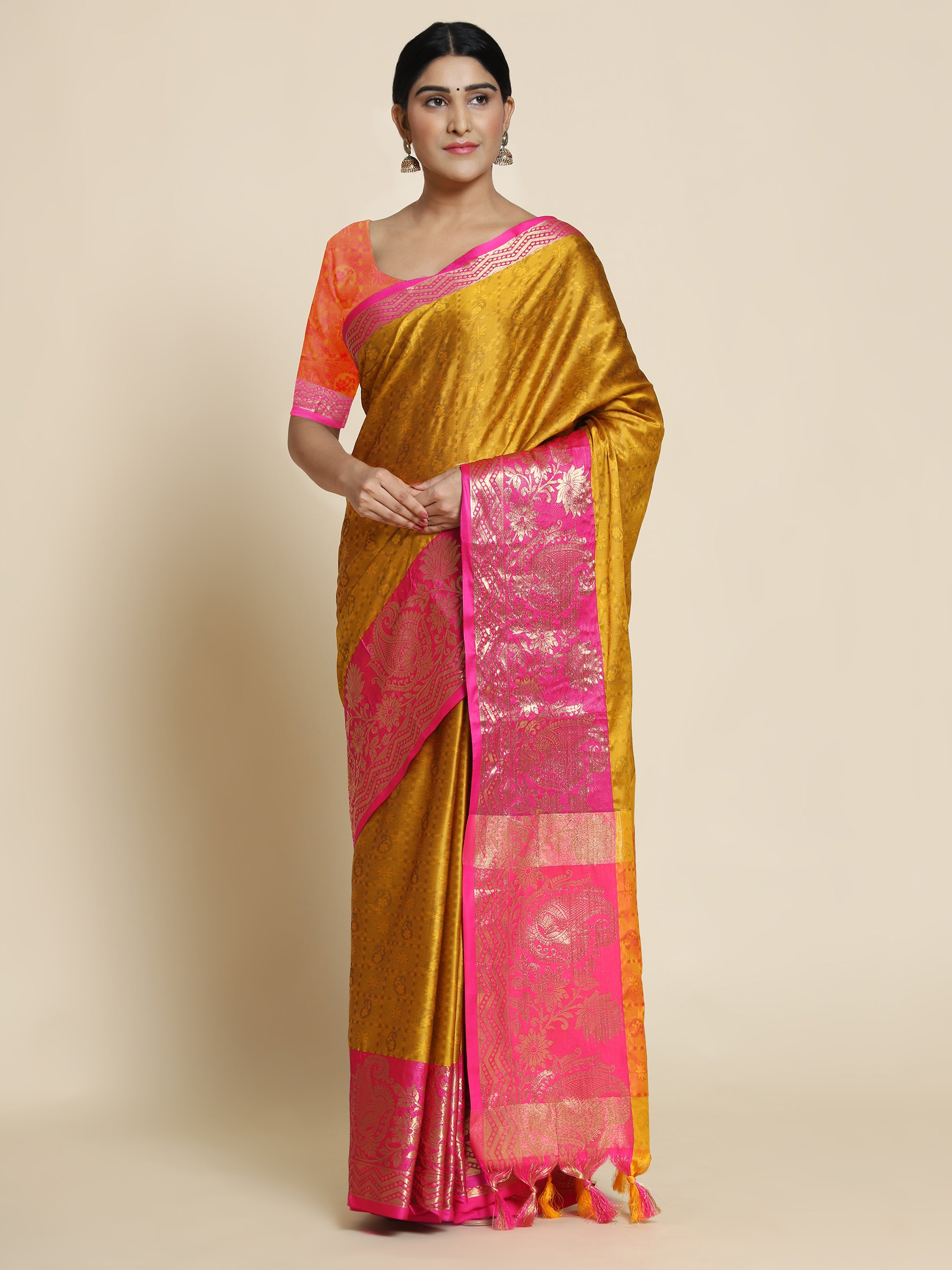 Dark Yellow Pink Copper Design Cotton Silk Saree