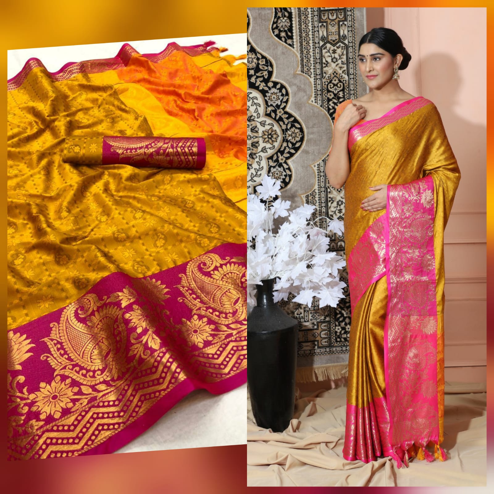 Dark Yellow Pink Copper Design Cotton Silk Saree