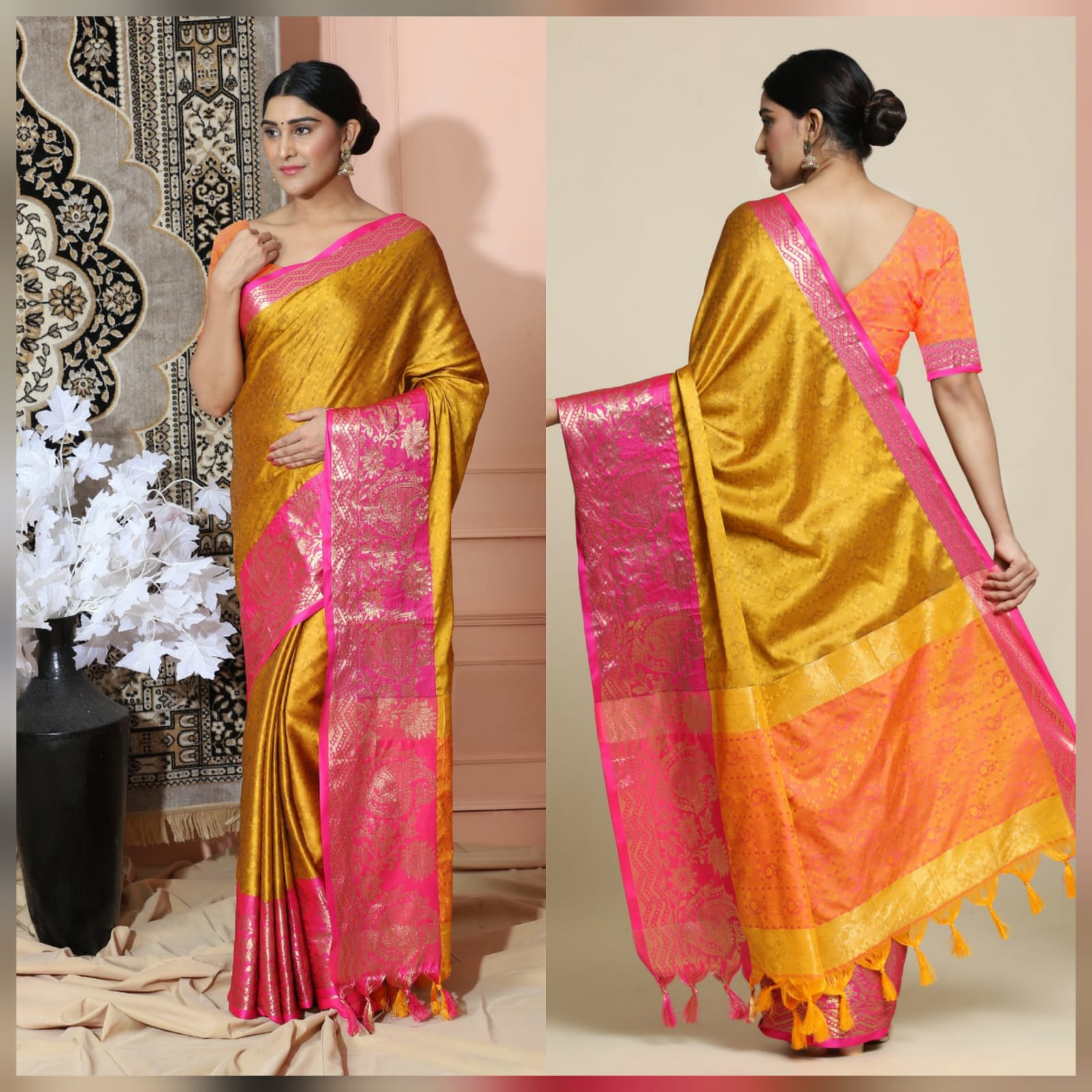 Dark Yellow Pink Copper Design Cotton Silk Saree