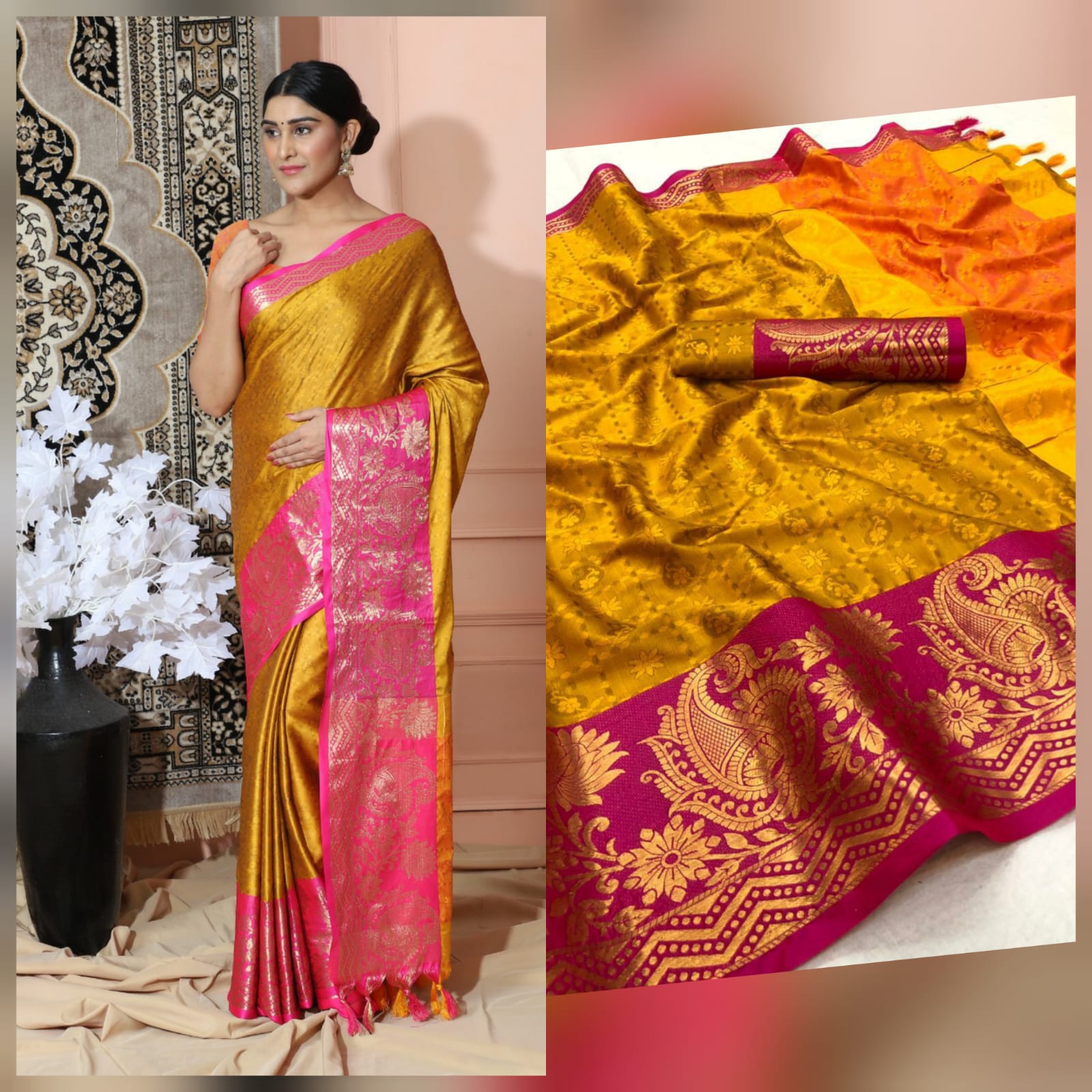 Dark Yellow Pink Copper Design Cotton Silk Saree