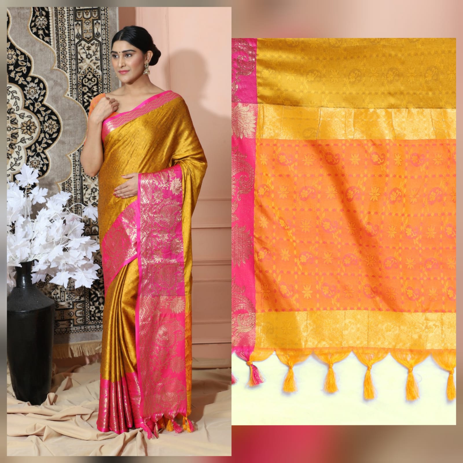 Dark Yellow Pink Copper Design Cotton Silk Saree