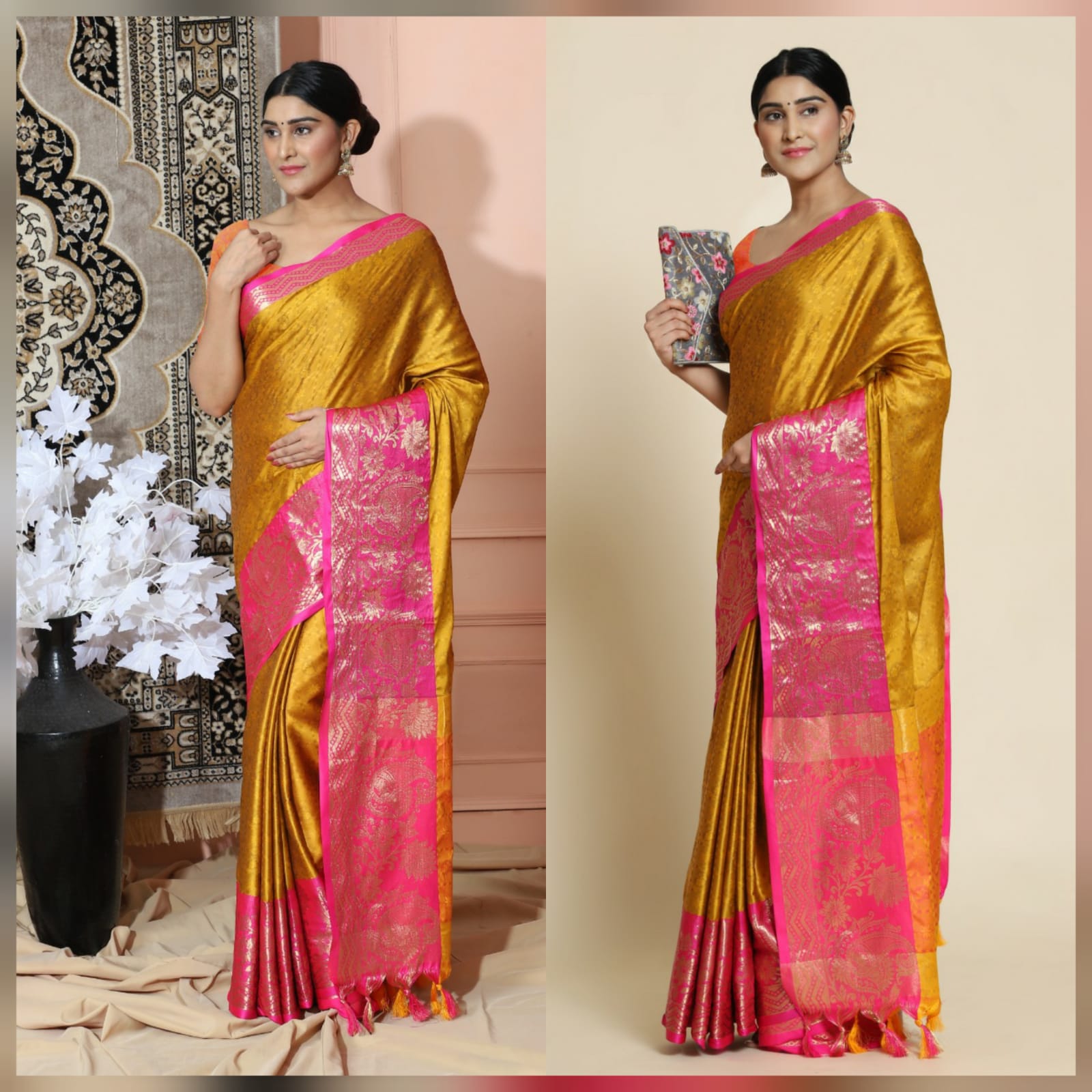 Dark Yellow Pink Copper Design Cotton Silk Saree