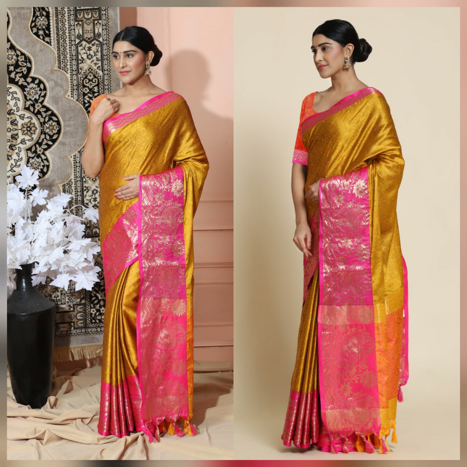 Dark Yellow Pink Copper Design Cotton Silk Saree