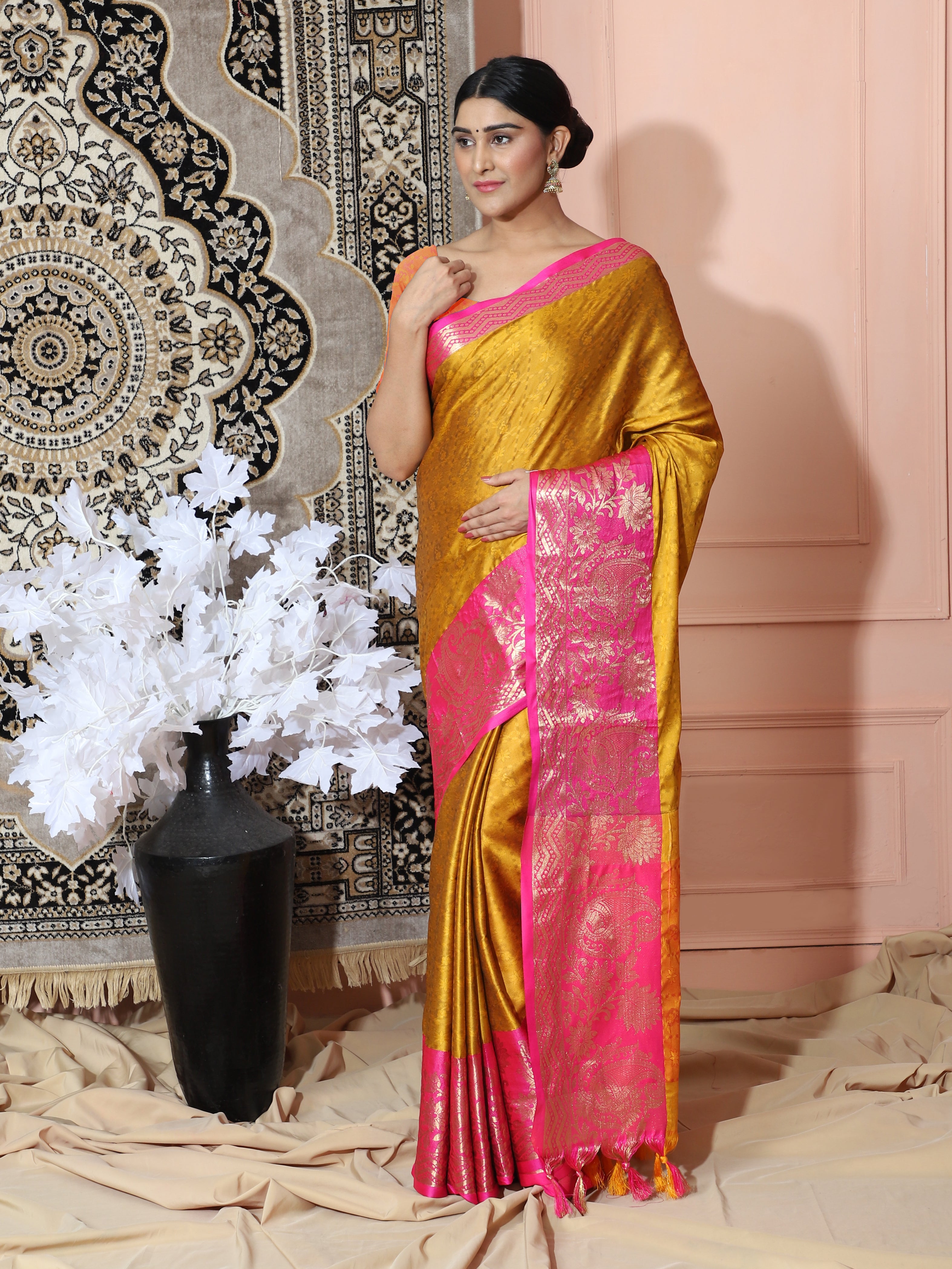 Dark Yellow Pink Copper Design Cotton Silk Saree