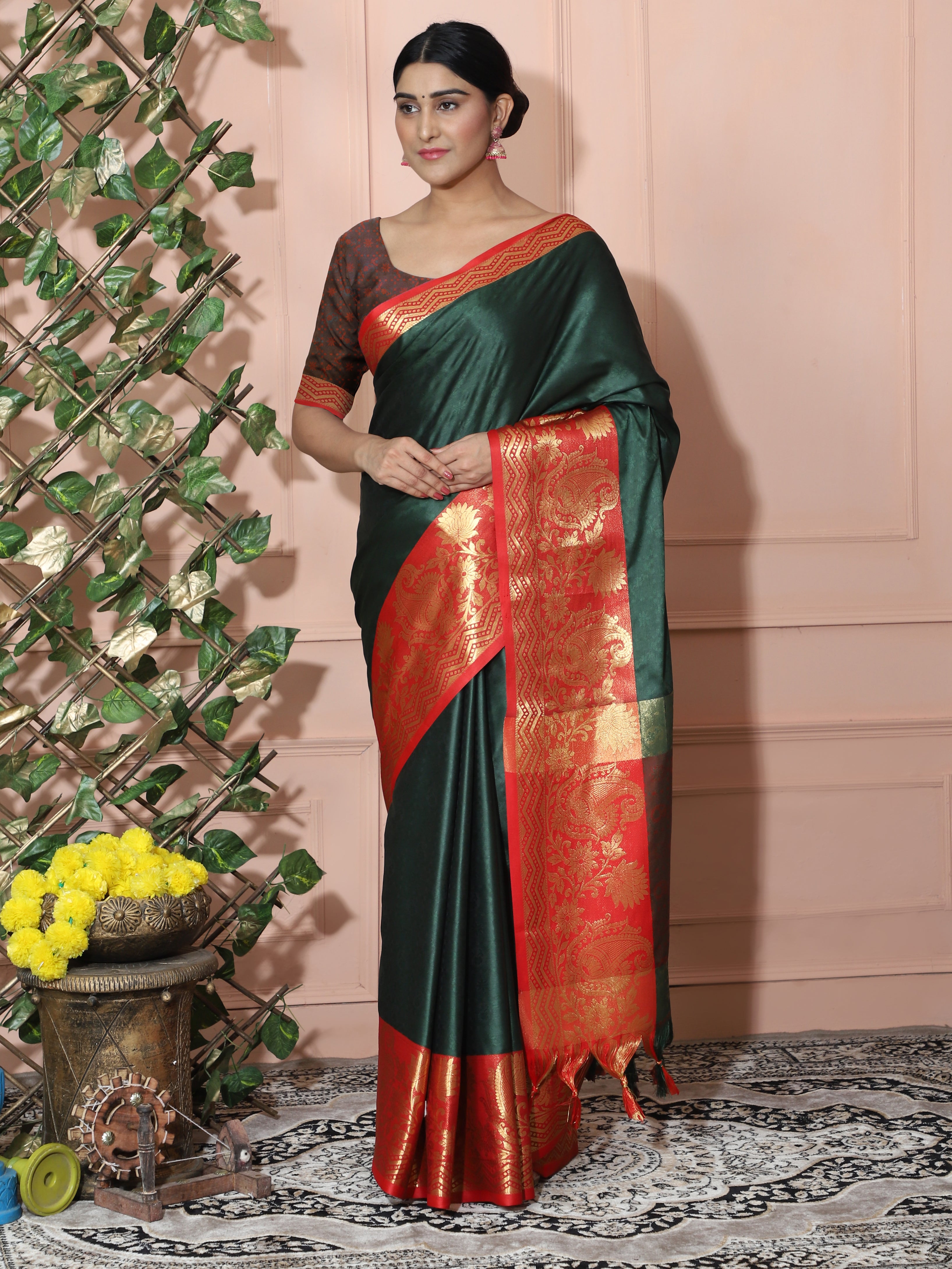 Green Red Copper Design Cotton Silk Saree