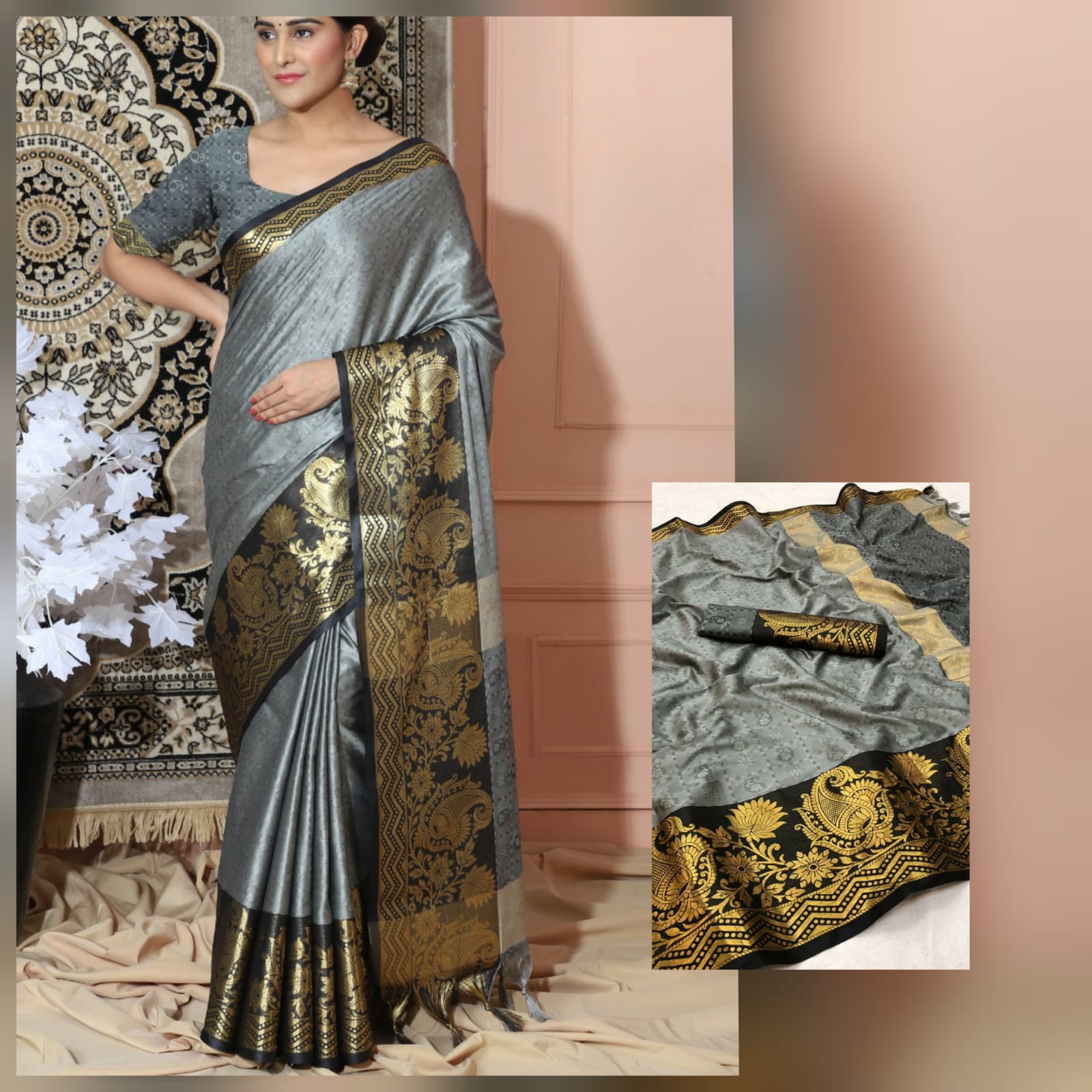 Grey Black Copper Design Cotton Silk Saree