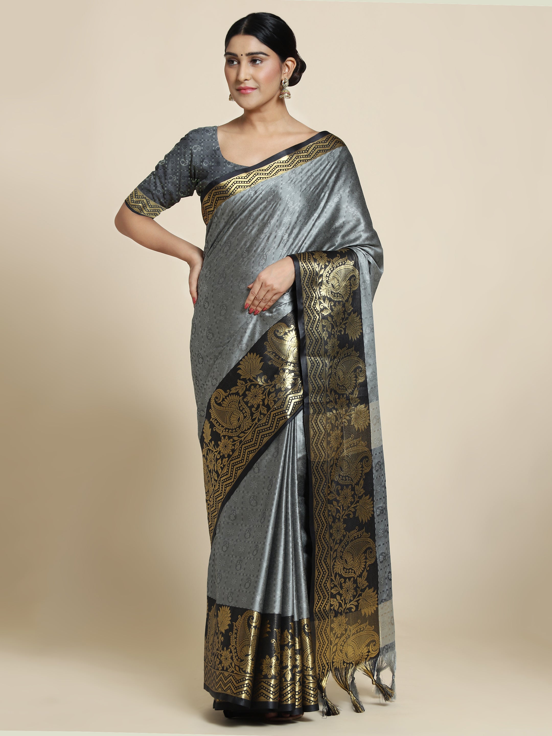 Grey Black Copper Design Cotton Silk Saree