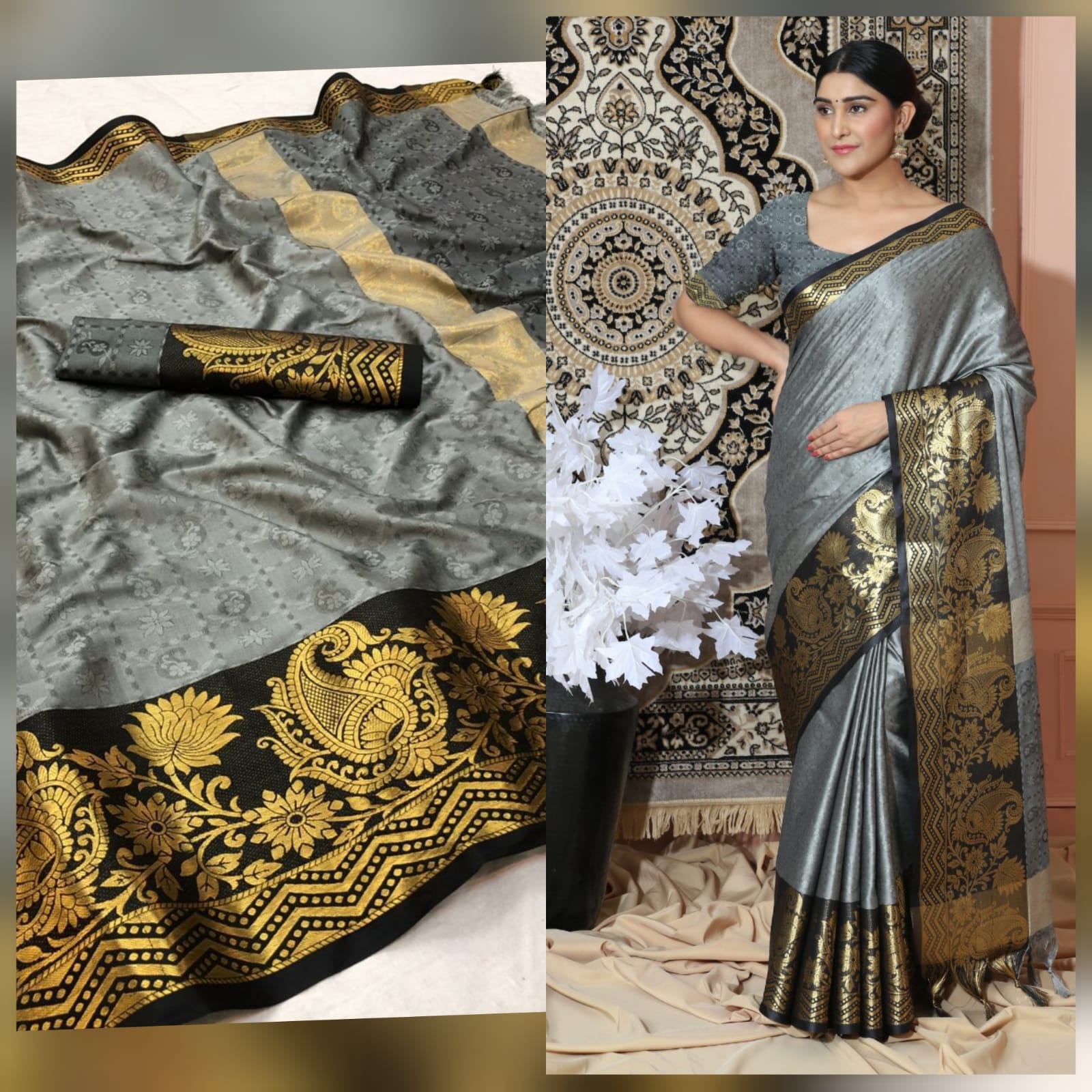 Grey Black Copper Design Cotton Silk Saree