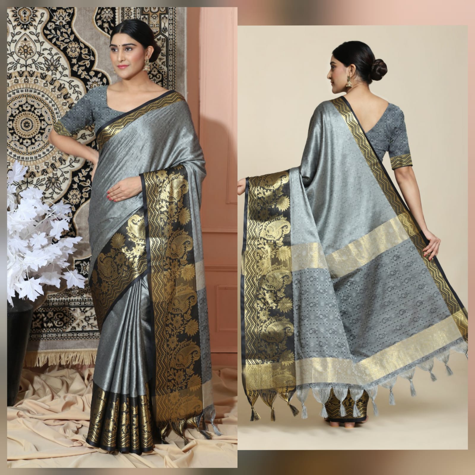 Grey Black Copper Design Cotton Silk Saree