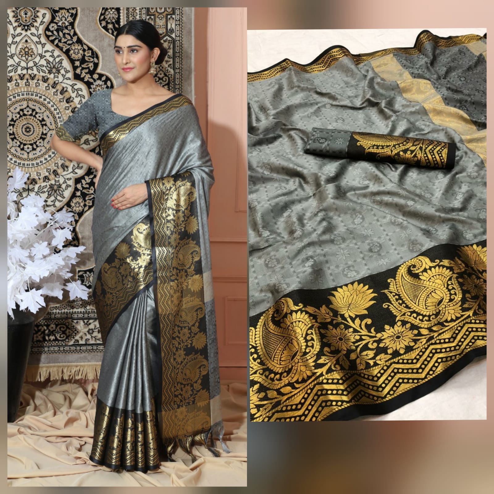 Grey Black Copper Design Cotton Silk Saree