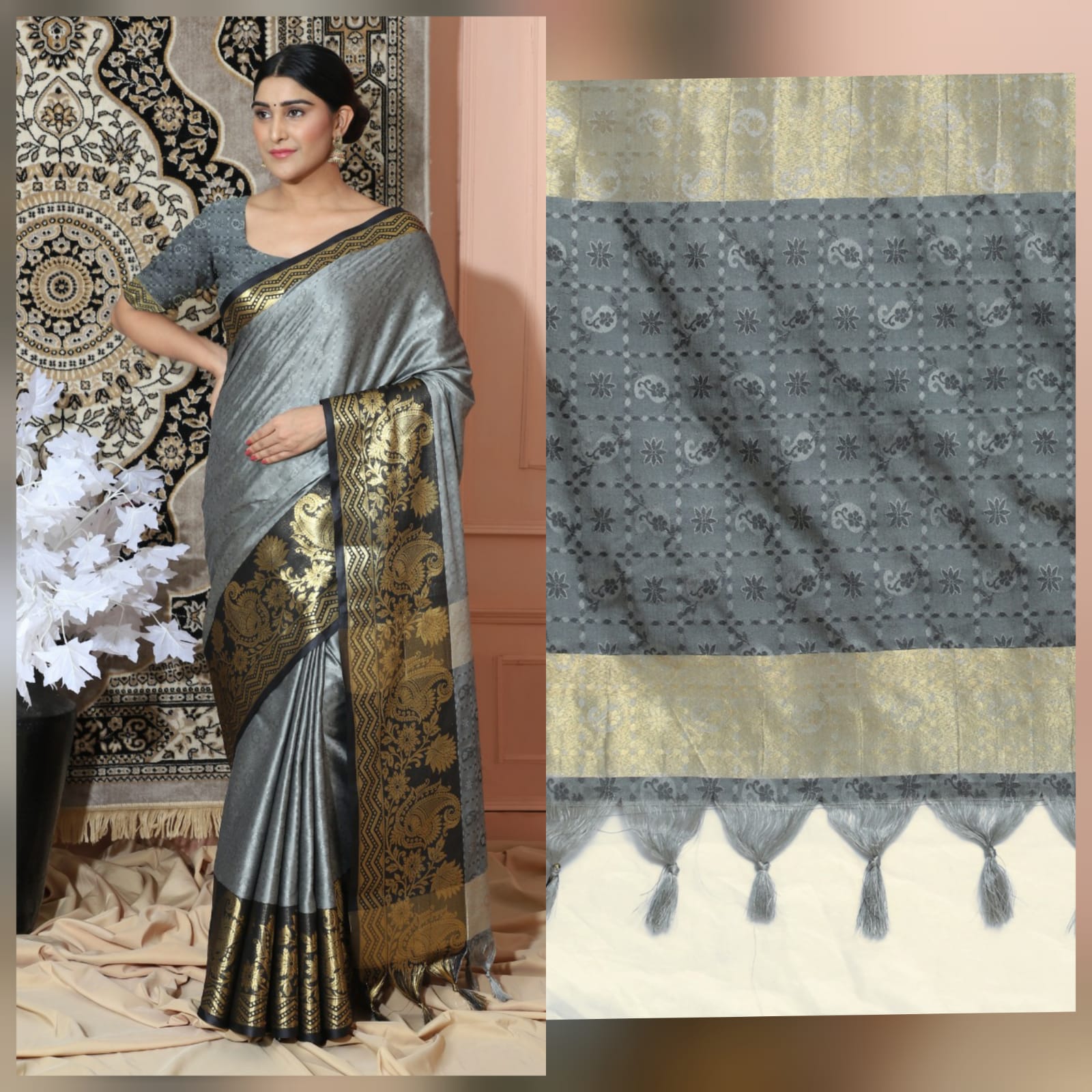 Grey Black Copper Design Cotton Silk Saree