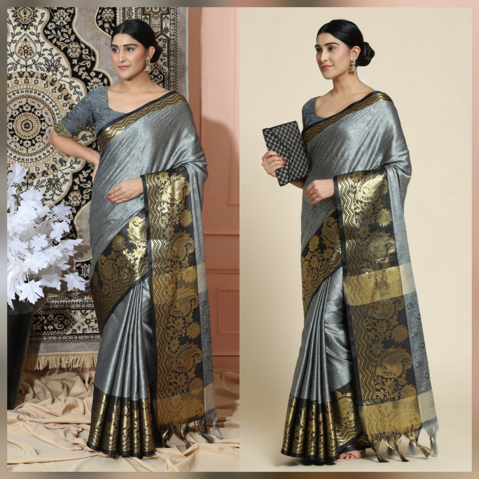 Grey Black Copper Design Cotton Silk Saree