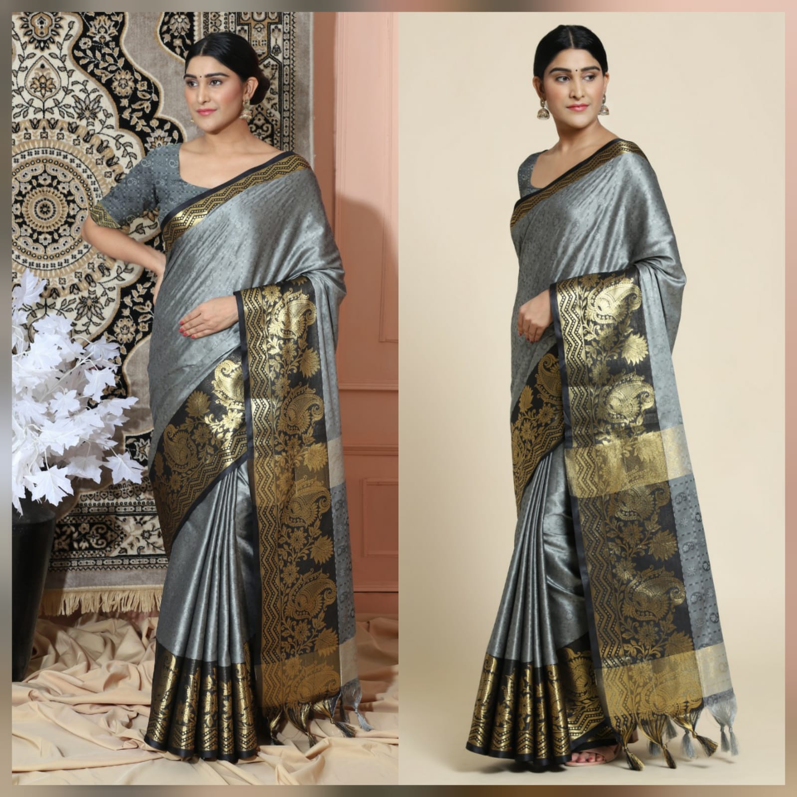 Grey Black Copper Design Cotton Silk Saree