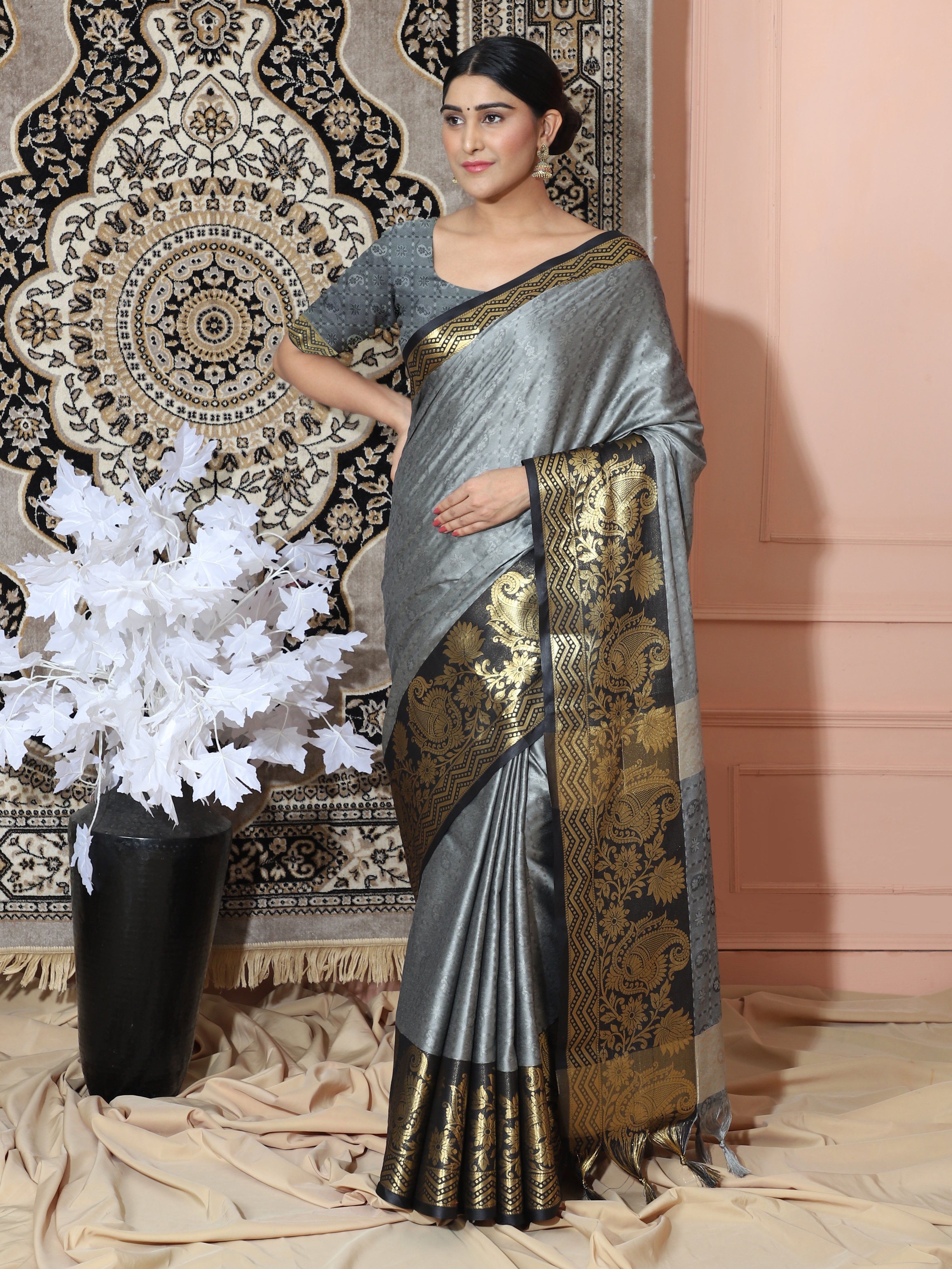 Grey Black Copper Design Cotton Silk Saree