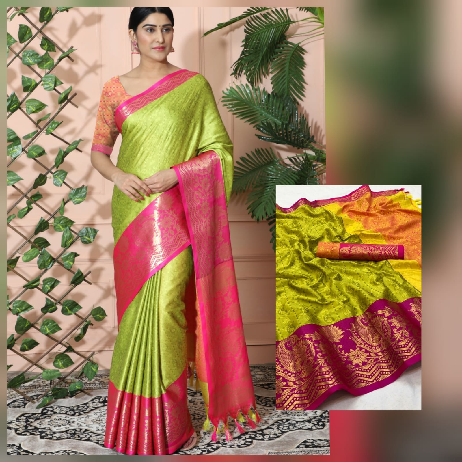 Light Yellow Pink Copper Design Cotton Silk Saree