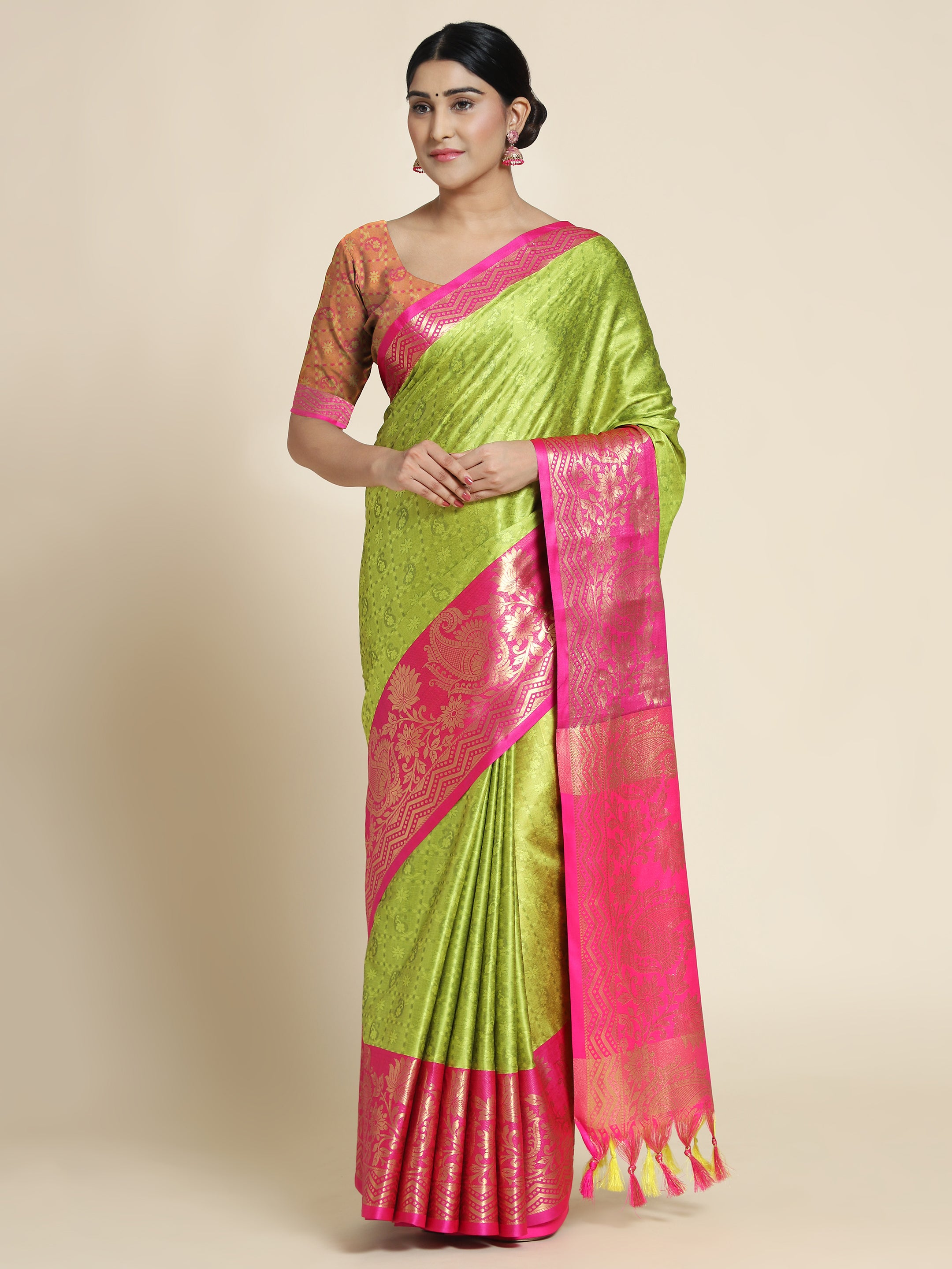 Light Yellow Pink Copper Design Cotton Silk Saree