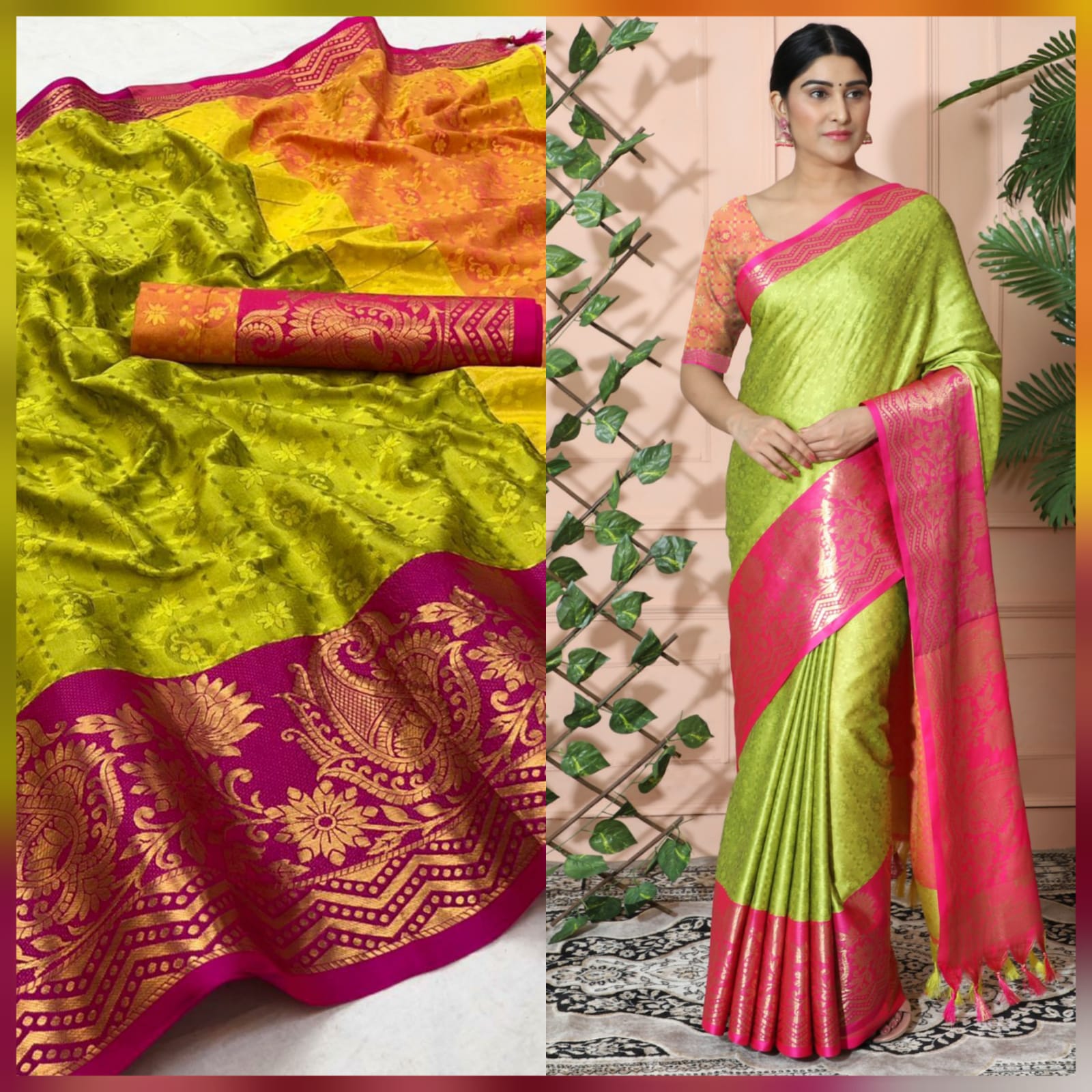 Light Yellow Pink Copper Design Cotton Silk Saree