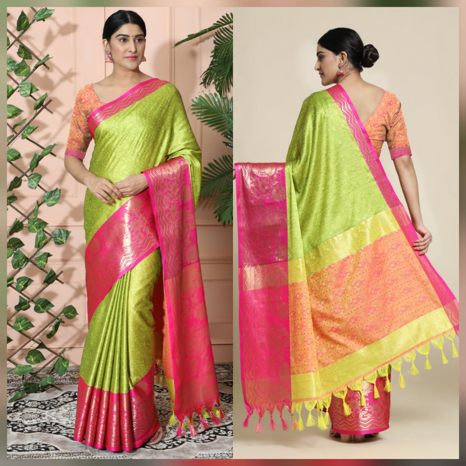 Light Yellow Pink Copper Design Cotton Silk Saree