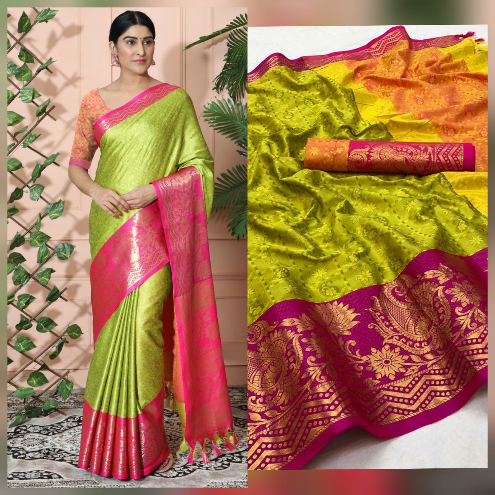 Light Yellow Pink Copper Design Cotton Silk Saree