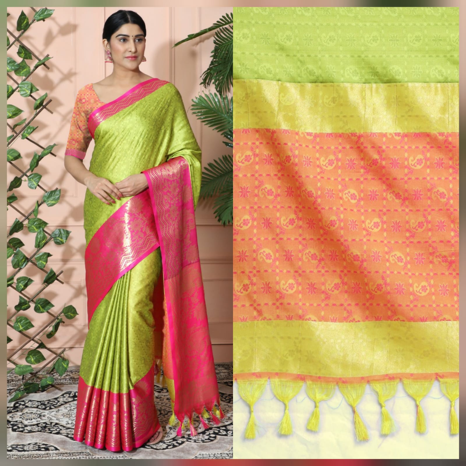 Light Yellow Pink Copper Design Cotton Silk Saree