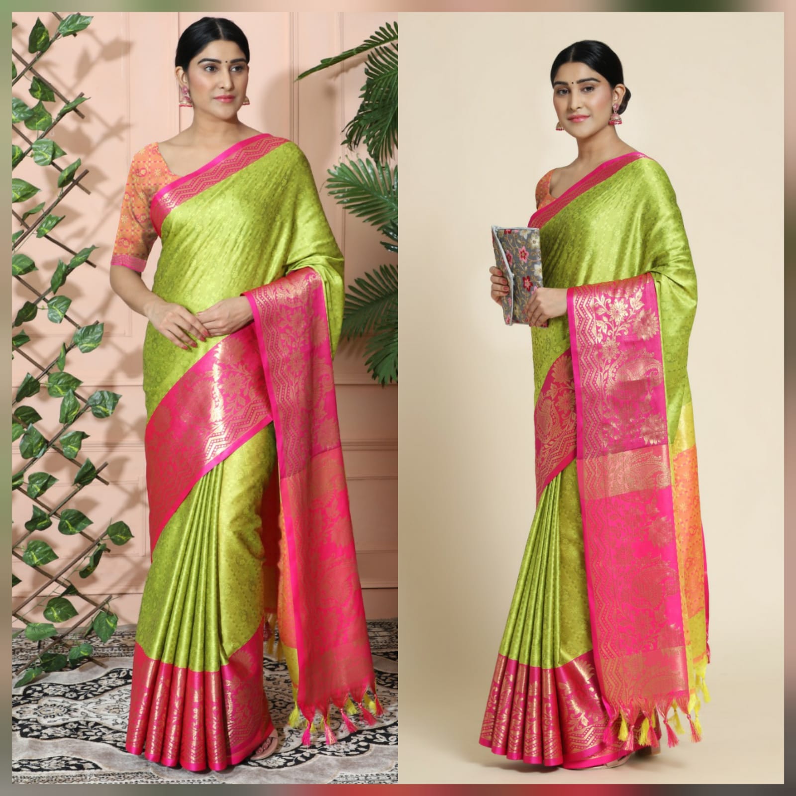 Light Yellow Pink Copper Design Cotton Silk Saree