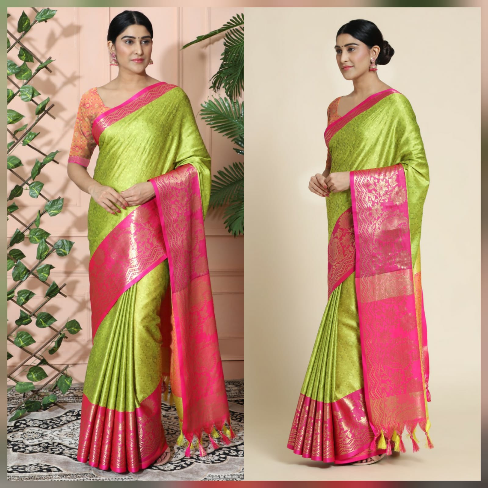 Light Yellow Pink Copper Design Cotton Silk Saree